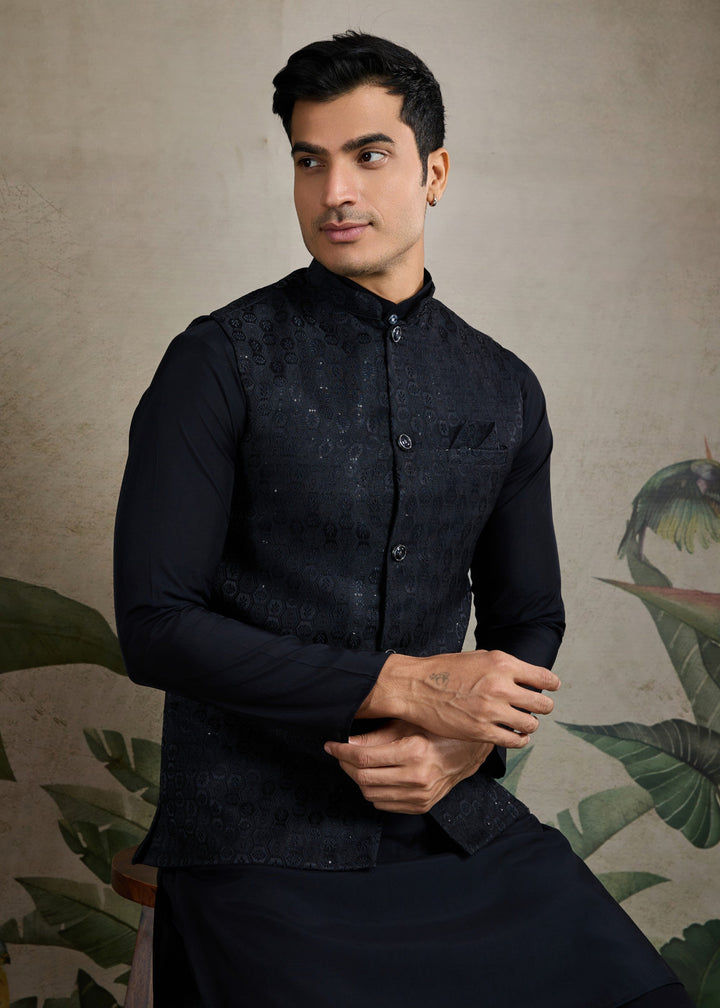Black Mens Wear Koti Style with Kurta and Pajama