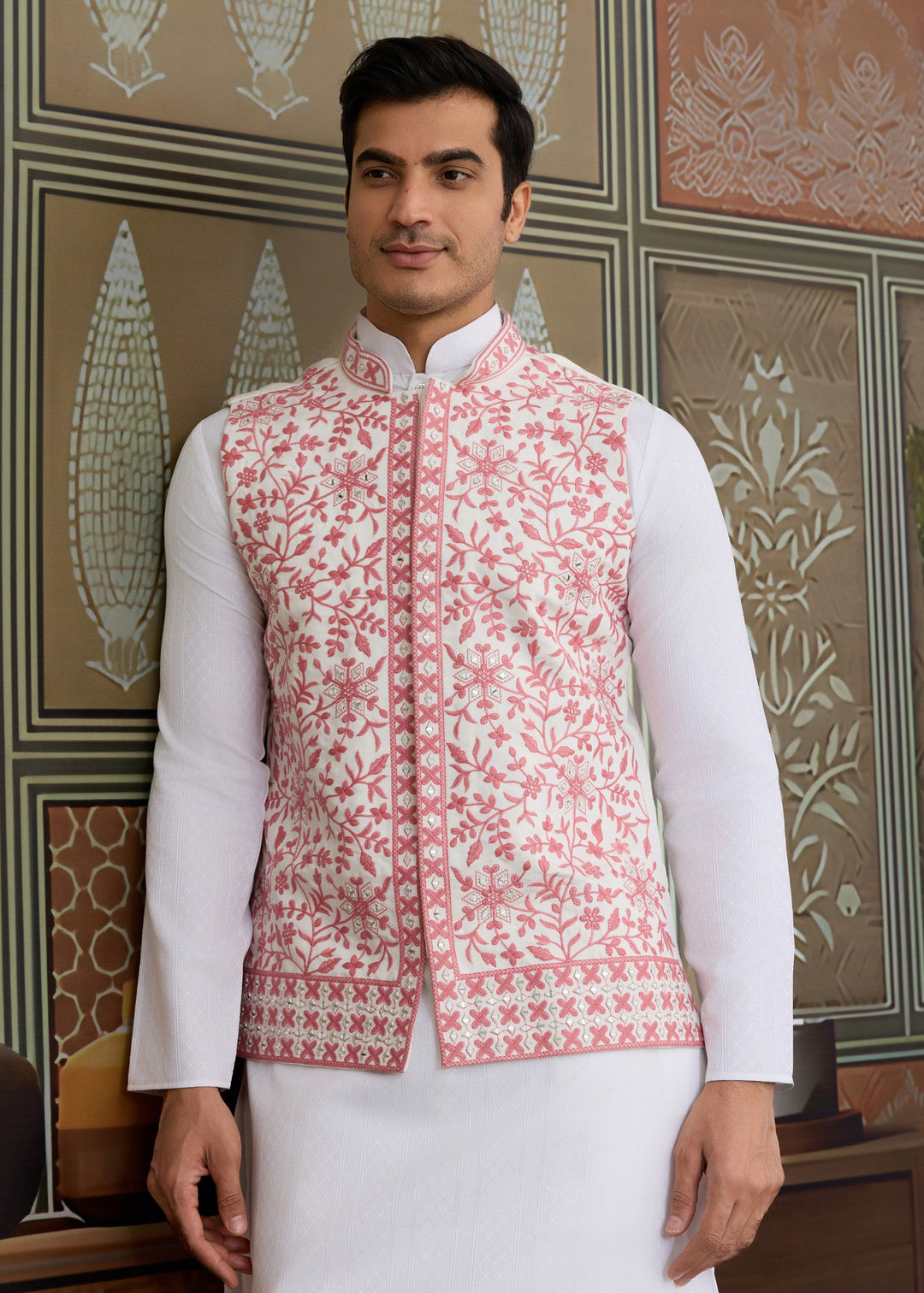 White Kurta And Pant With A Pink And White Embroidered Nehru Jacket
