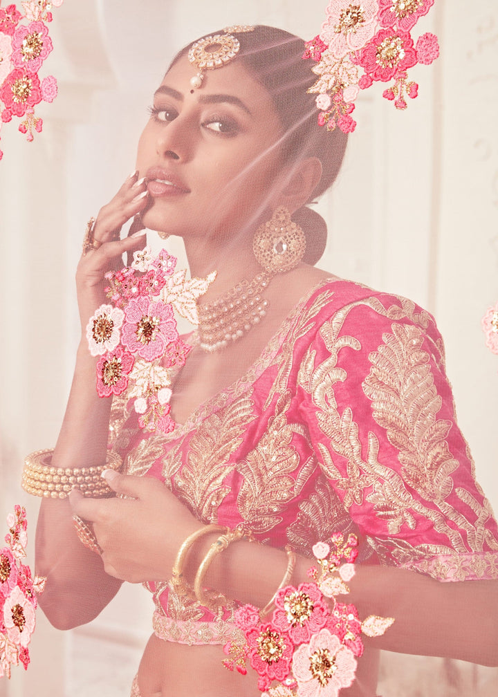 Pink Soft Net Lehenga With Zari, Dori, Thread And Sequins Floral Embroidery