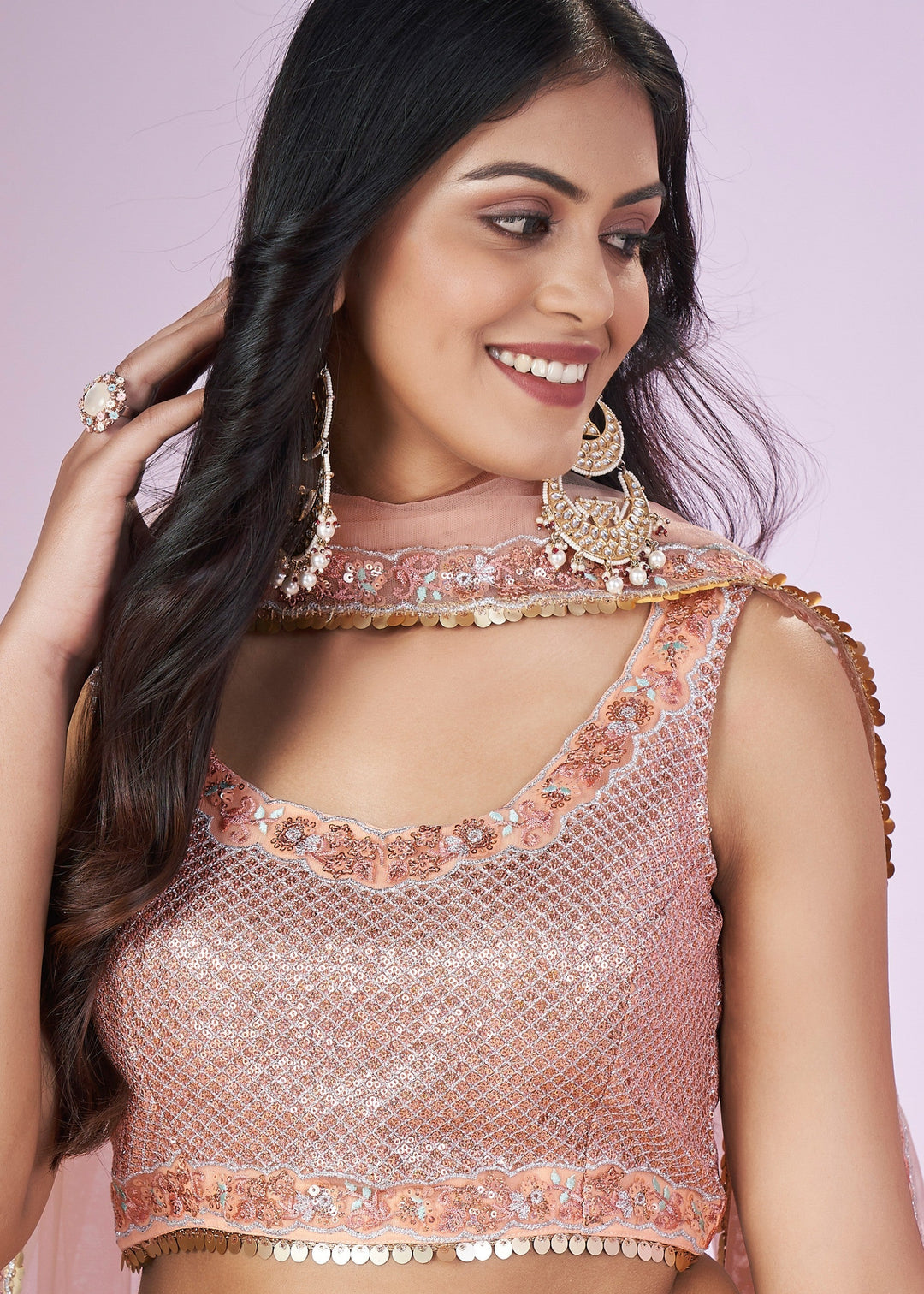 Peach Pink Net Lehenga Choli With Sequins And Thread Embroidery Work