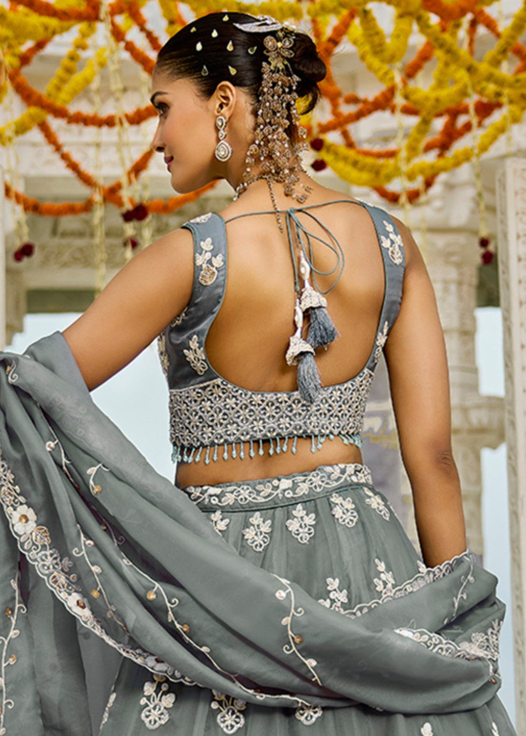 Grey Organza Lehenga Choli with Beads & Sequince Embroidered