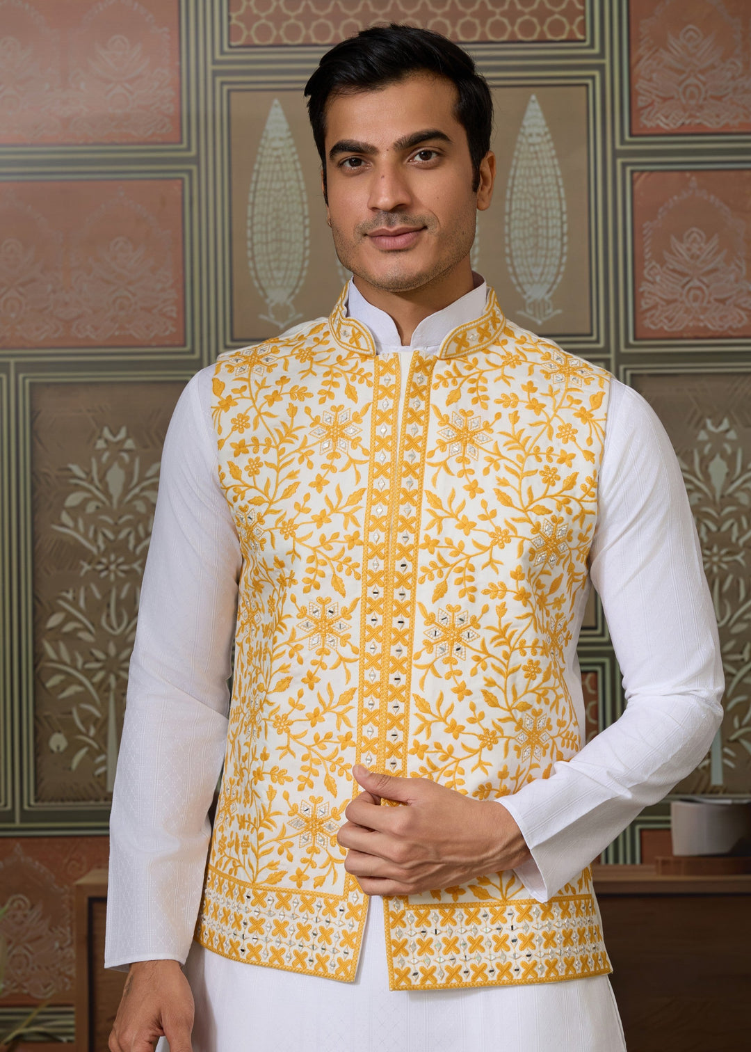 White Kurta And Pant With Sunflower Yellow Embroidered Nehru Jacket