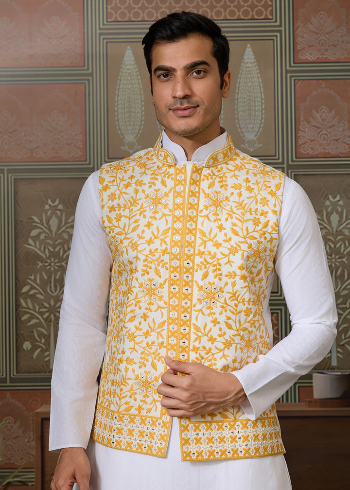 White Kurta And Pant With Sunflower Yellow Embroidered Nehru Jacket