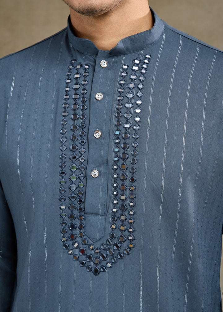 Steel Blue Viscose Rayon Mens Kurta With Self Design Zari And Mirror Work