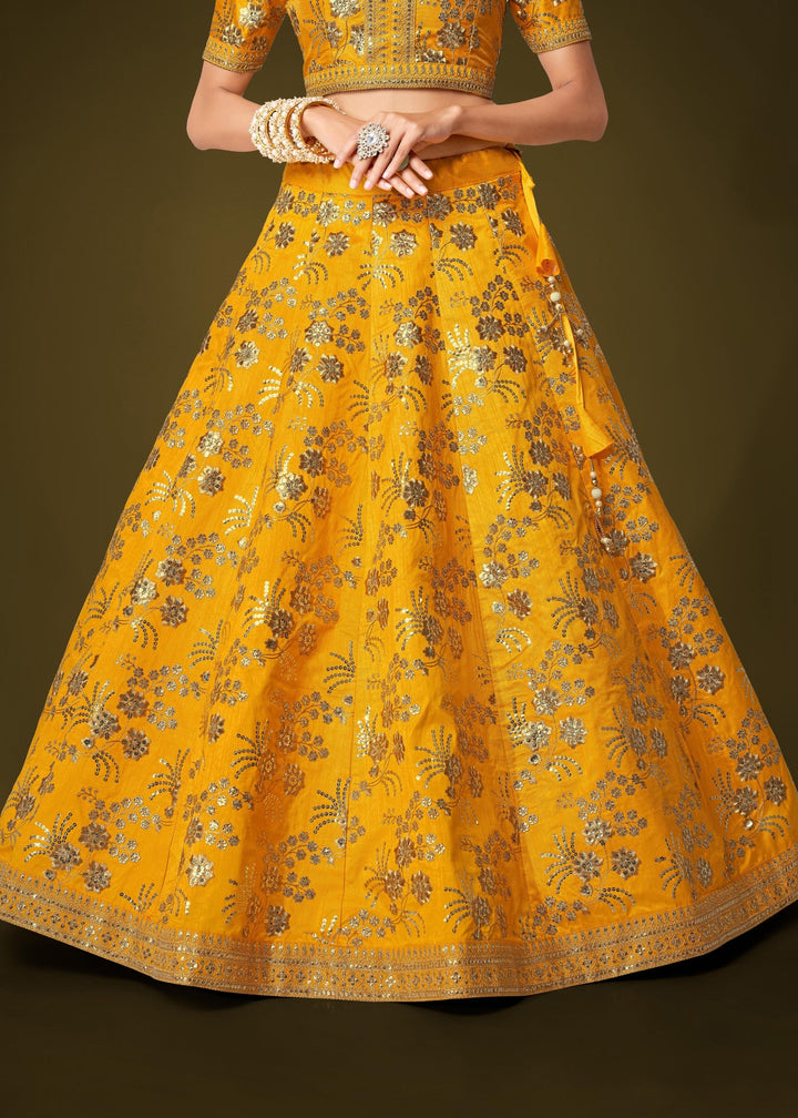 Yellow Slub Silk Lehenga with Zari Sequins and Dori Embroidery Work