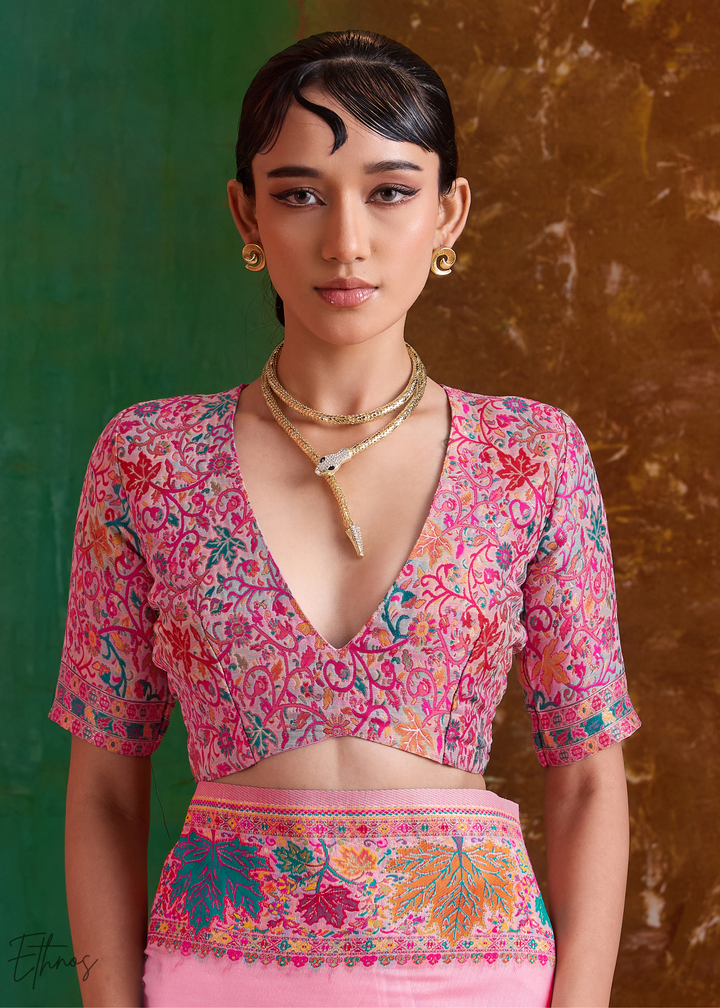 Blush Pink with Multicolour Floral Weave Saree