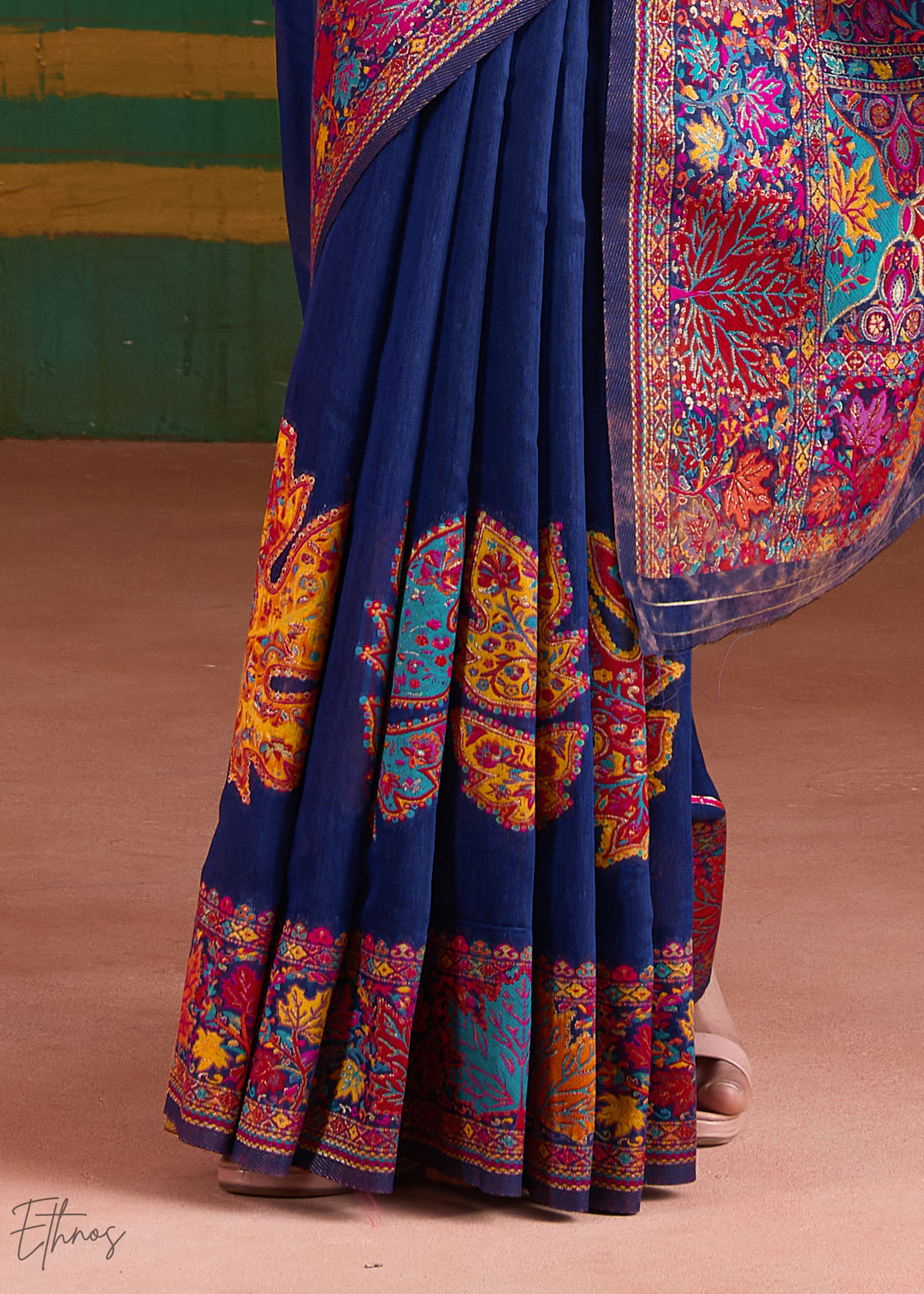 Navy Blue with Multicolour Floral Weave Saree