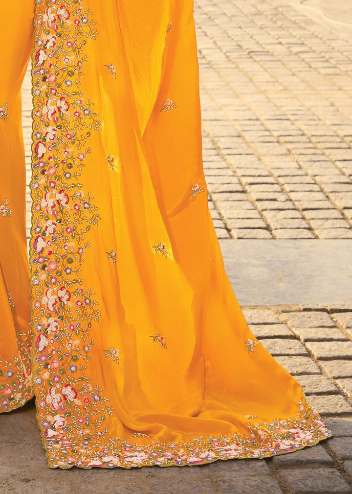 Mustard Yellow Crepe Silk Saree