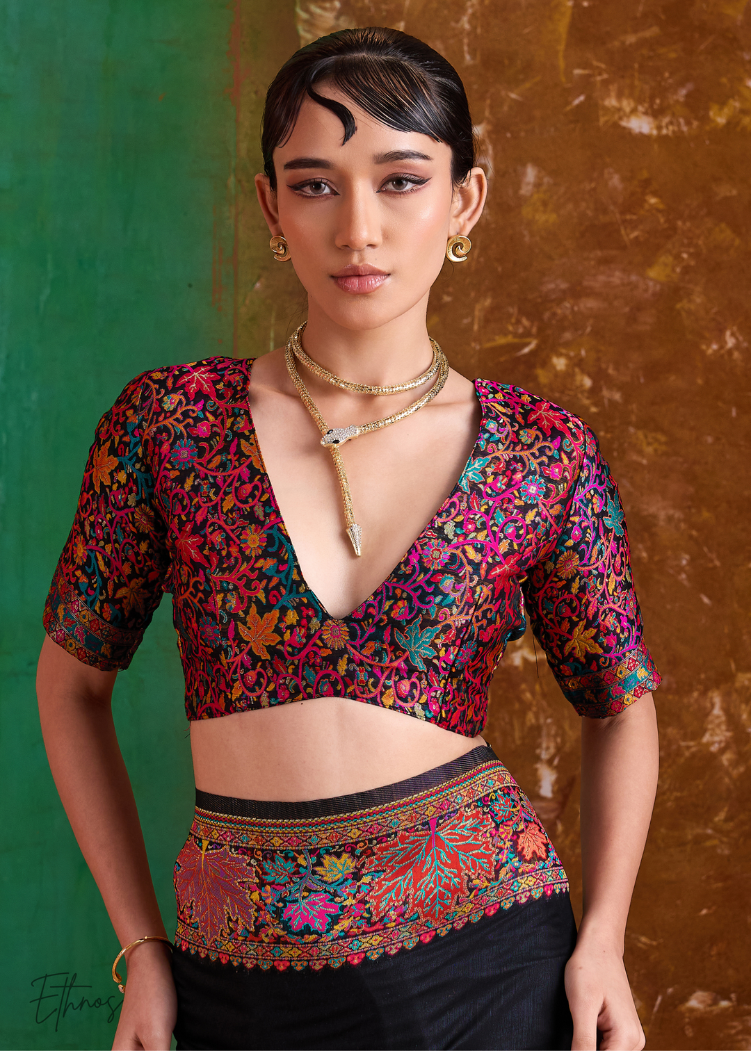 Midnight Black with Rich Multicolour Floral Weave Saree