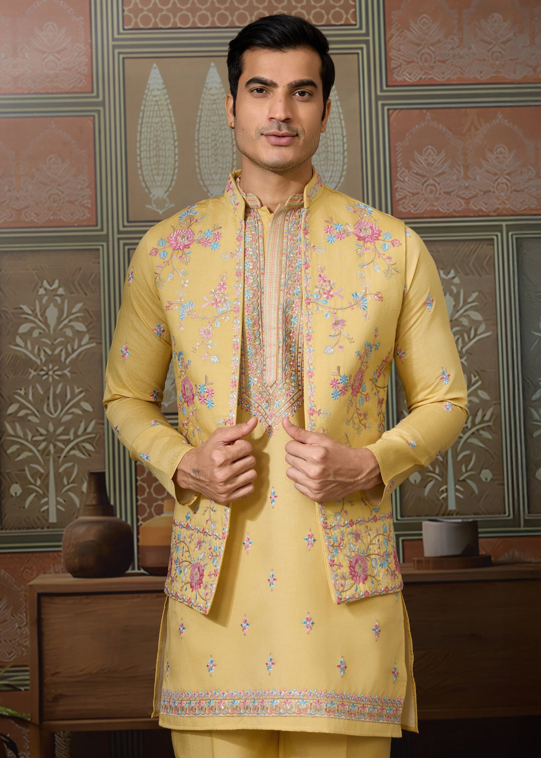 Mustard Yellow Mens Wear Koti Style with Silk Kurta and Pajama