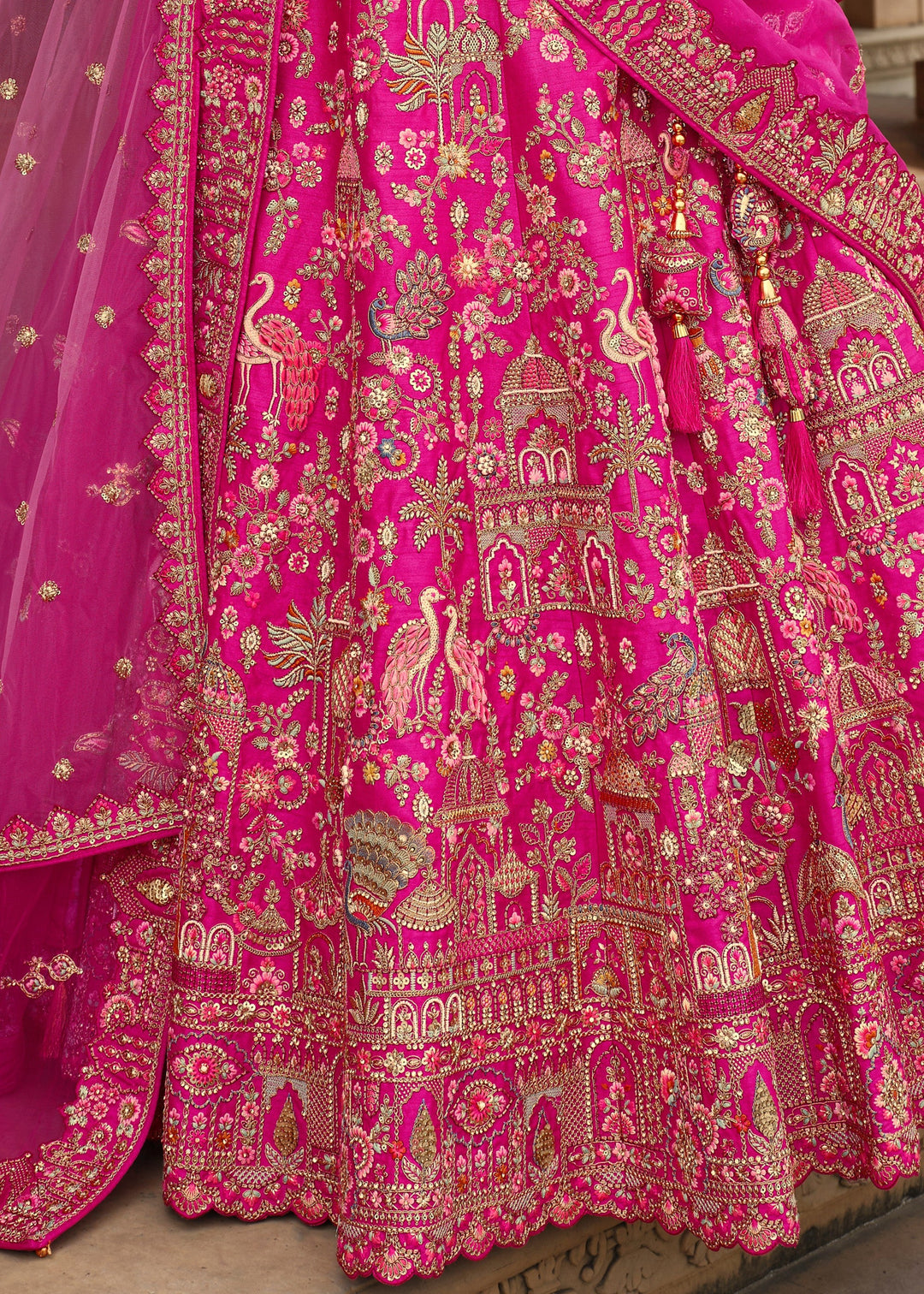 Magenta Pink Heavy Bridal Silk Lehenga With Khatli And Embroidery Work