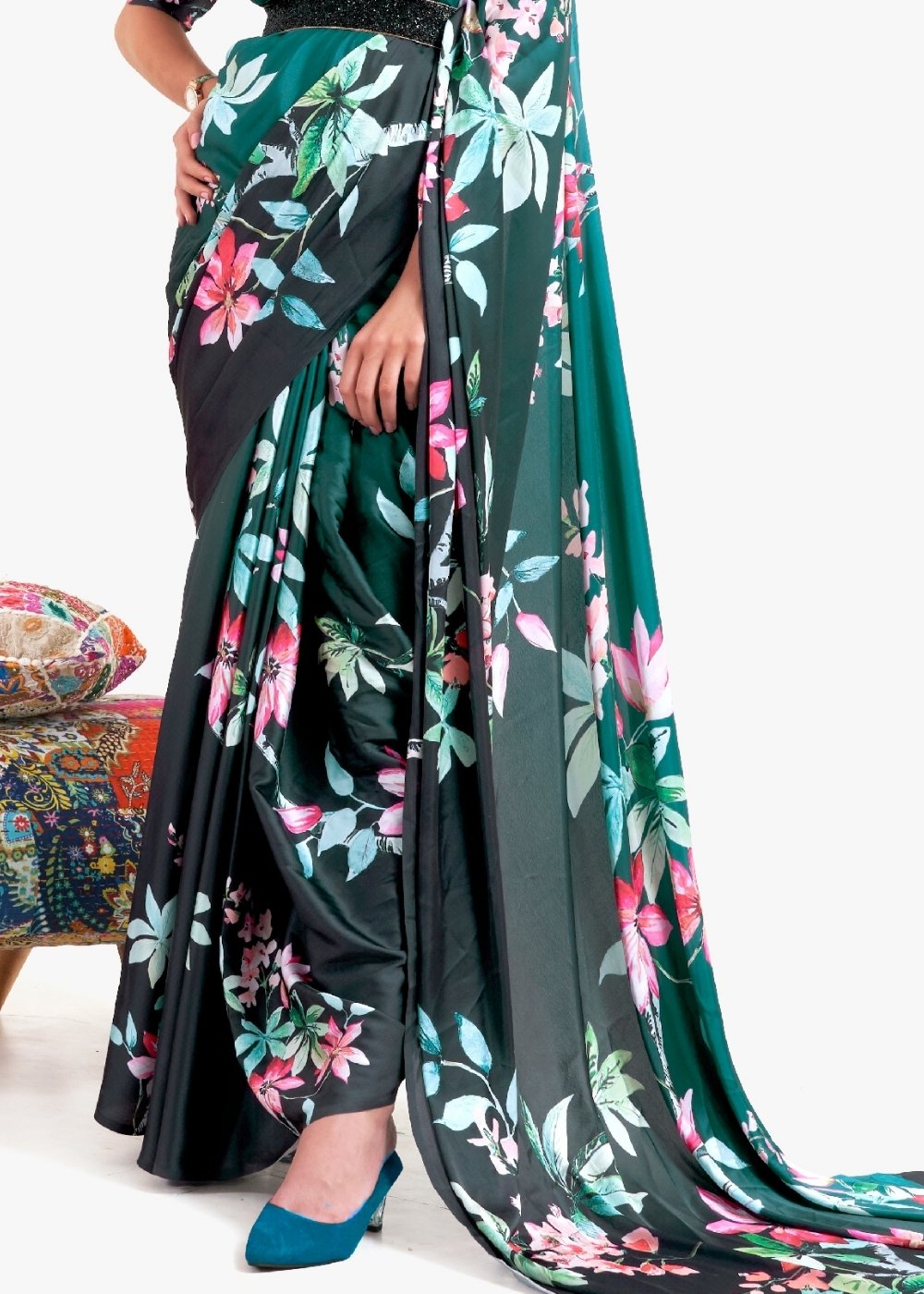 Teal Green Printed Satin Crepe Saree