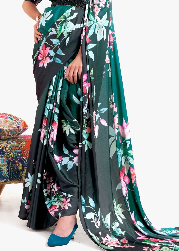 Teal Green Printed Satin Crepe Saree