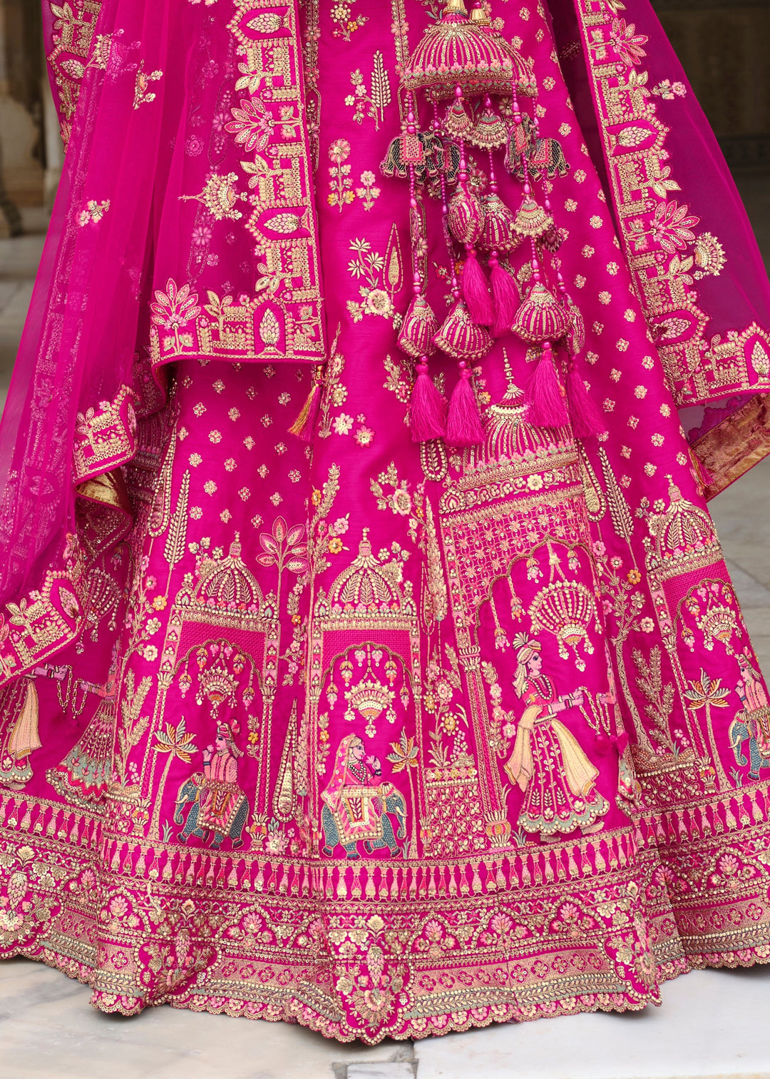 Bright Pink Heavy Bridal Silk Lehenga With Khatli And Embroidery Work