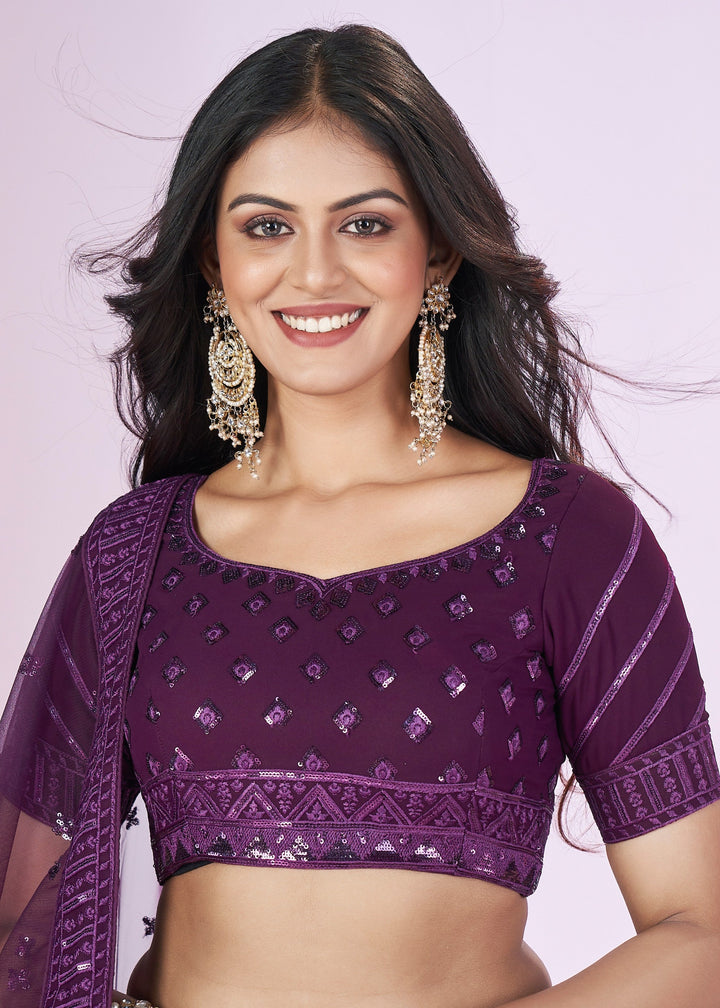 Dark Purple Georgette Lehenga Choli With Sequins And Thread Embroidery Work