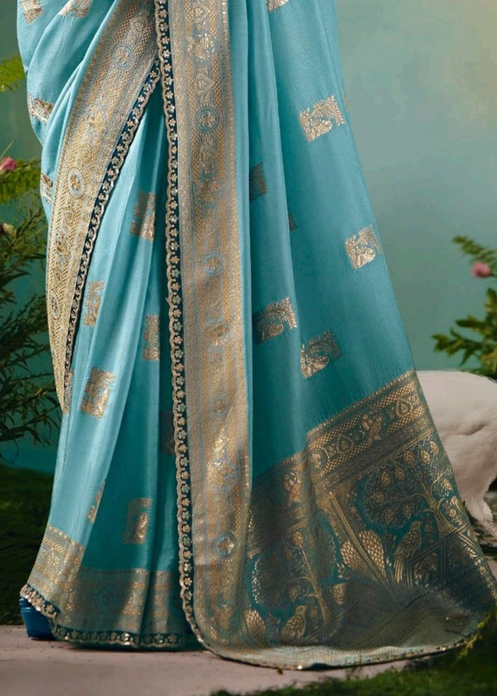 Sky Blue Pure Viscose Dola Silk Saree with Zari Weaving & Embroidered Blouse