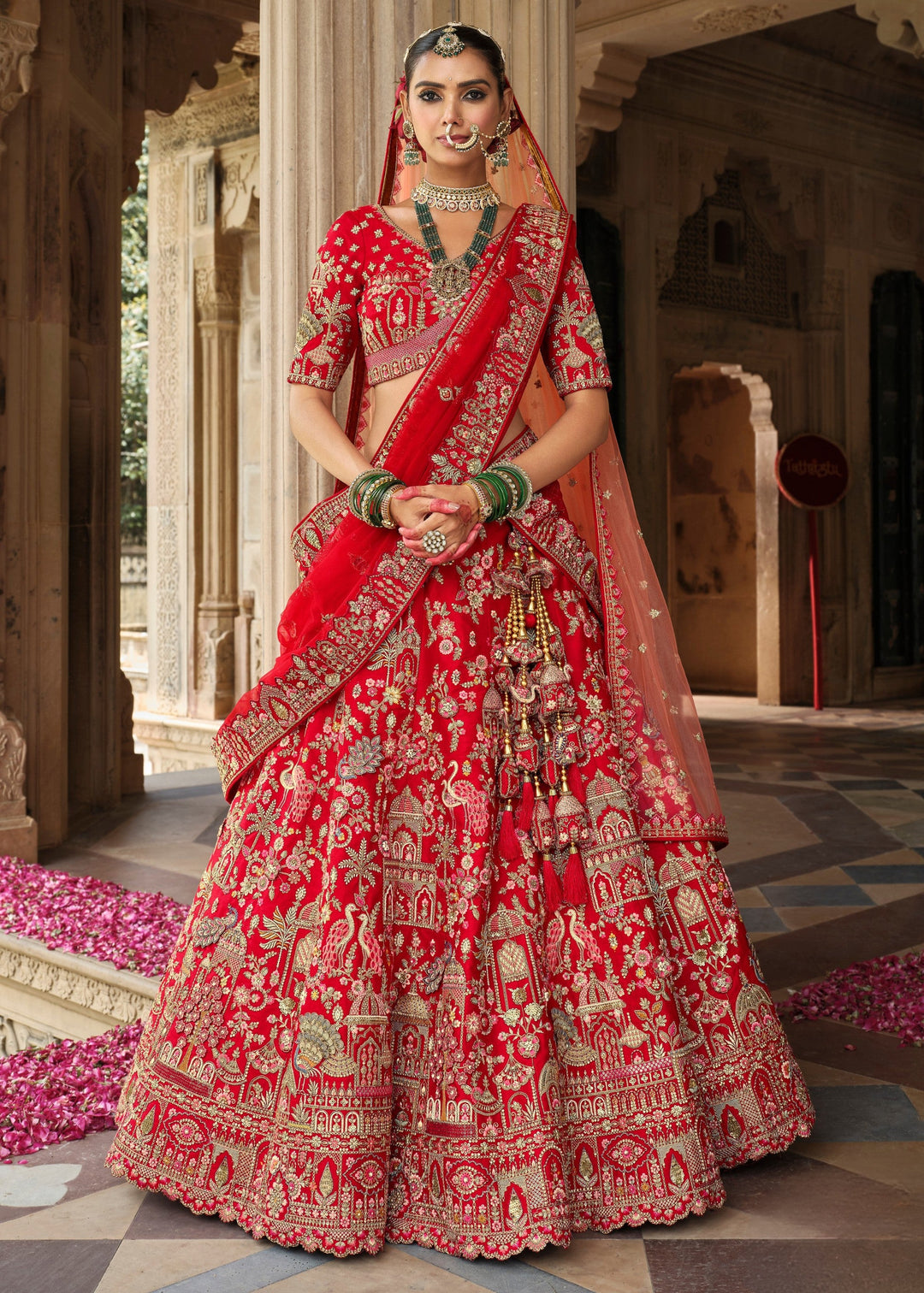Bright Red Heavy Bridal Silk Lehenga With Khatli And Embroidery Work