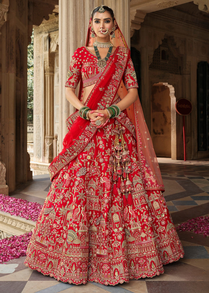 Bright Red Heavy Bridal Silk Lehenga With Khatli And Embroidery Work