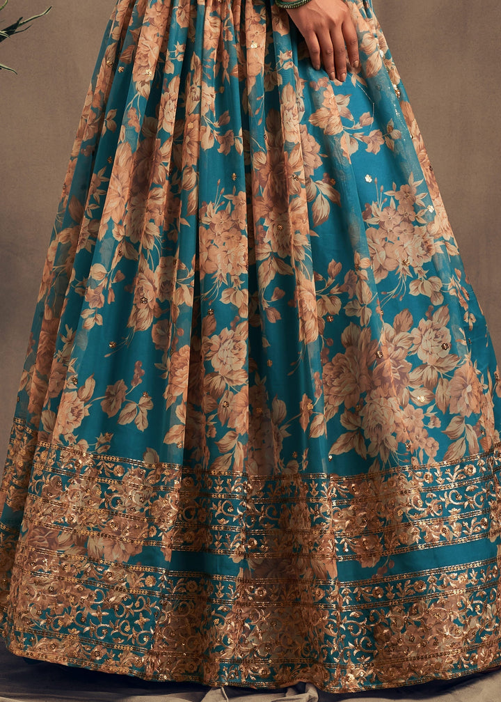 Teal Blue Organza Lehenga with Dupatta