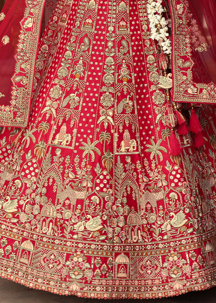 Currant Red Heavy Bridal Silk Lehenga With Khatli And Embroidery Work