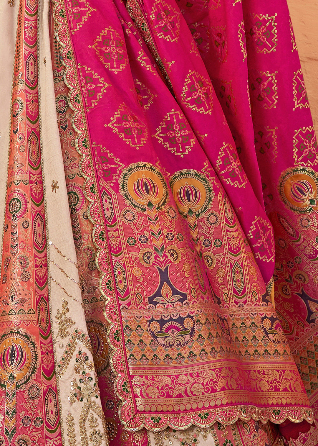 Off White & Pink Banarasi Silk Lehenga Choli With Zarkan And Cut Work
