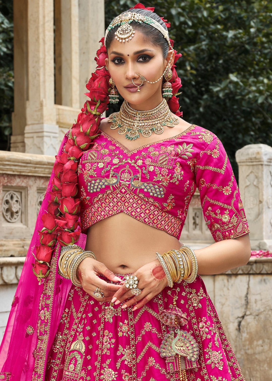 Barbie Pink Heavy Bridal Silk Lehenga With Khatli And Embroidery Work
