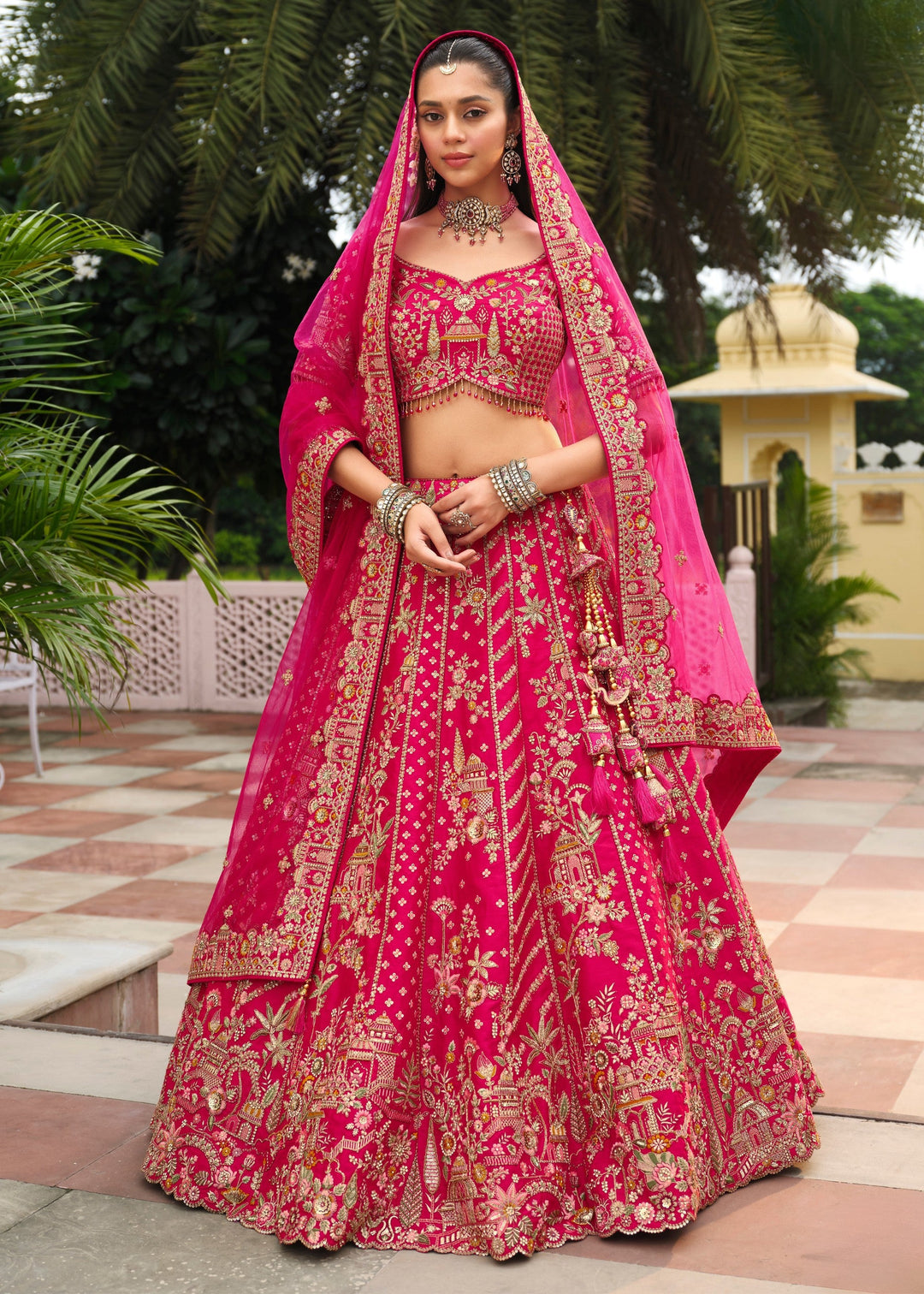 Rani Pink Heavy Bridal Silk Lehenga With Khatli And Embroidery Work
