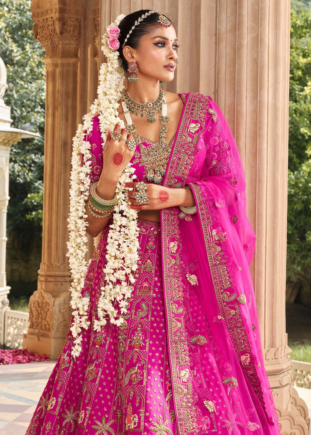 Persian Rose Pink Heavy Bridal Silk Lehenga With Khatli And Embroidery Work