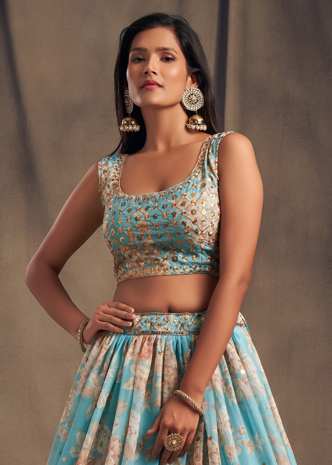 Sky Blue Organza Lehenga with Dupatta