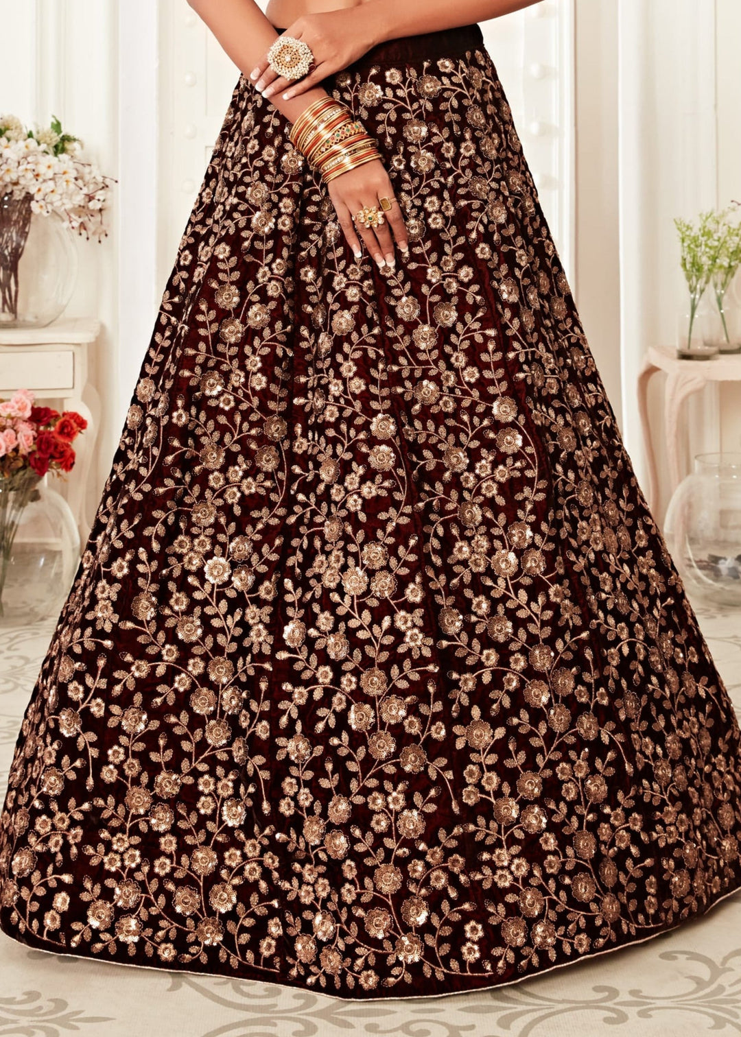 Majestic Maroon Pure Velvet Zari And Sequins Embroidery Lehenga
