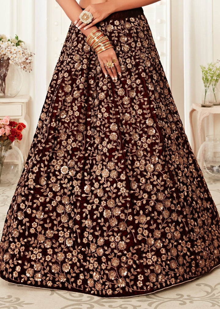 Majestic Maroon Pure Velvet Zari And Sequins Embroidery Lehenga