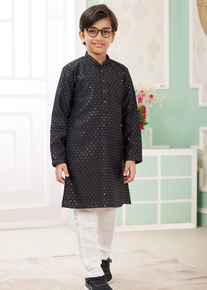 Black Silk Mens Kurta Set With Thread Embroidery Work