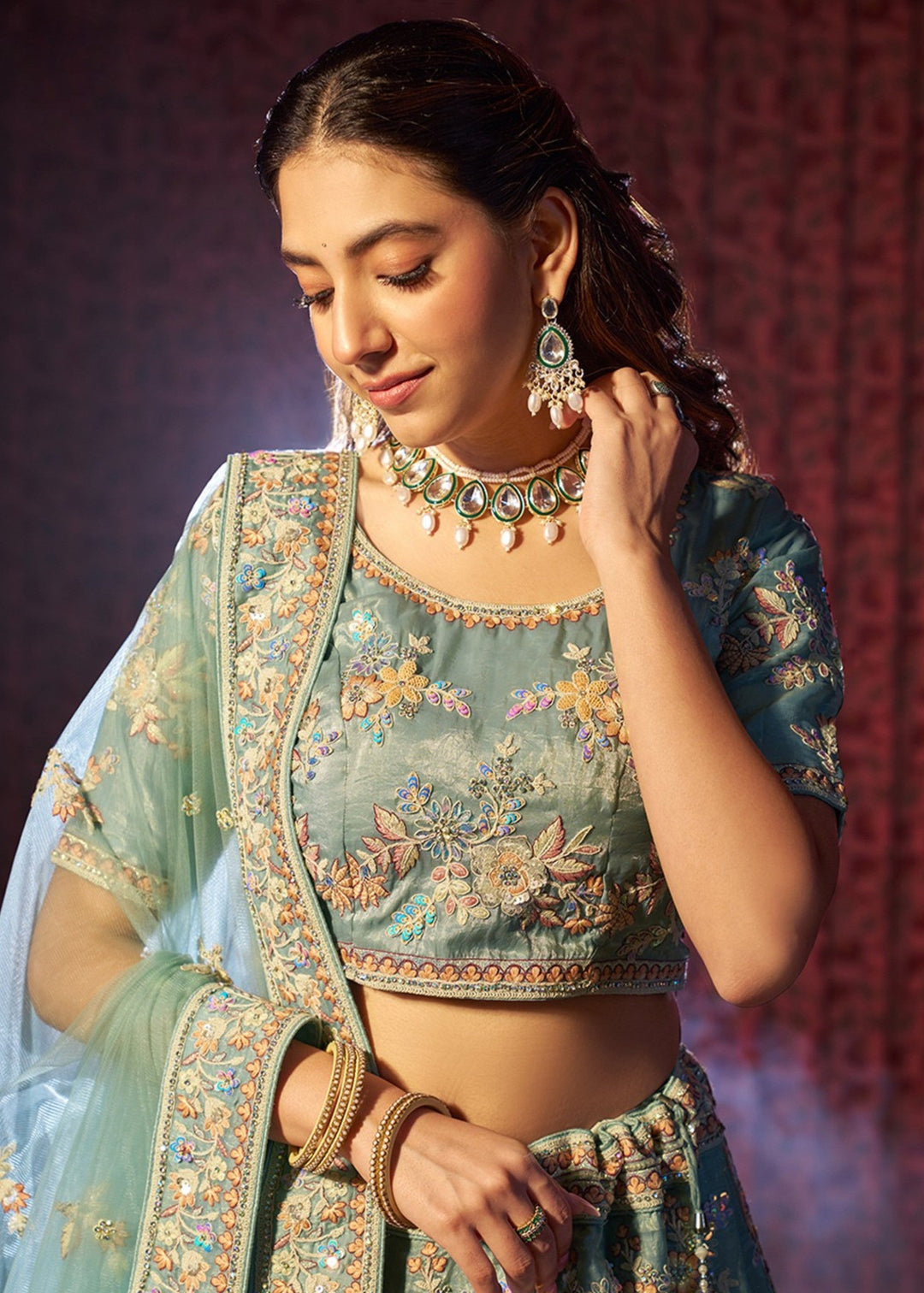 Torquise Dori Sequins Thread work Organza Lehenga