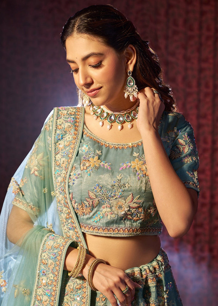 Torquise Dori Sequins Thread work Organza Lehenga
