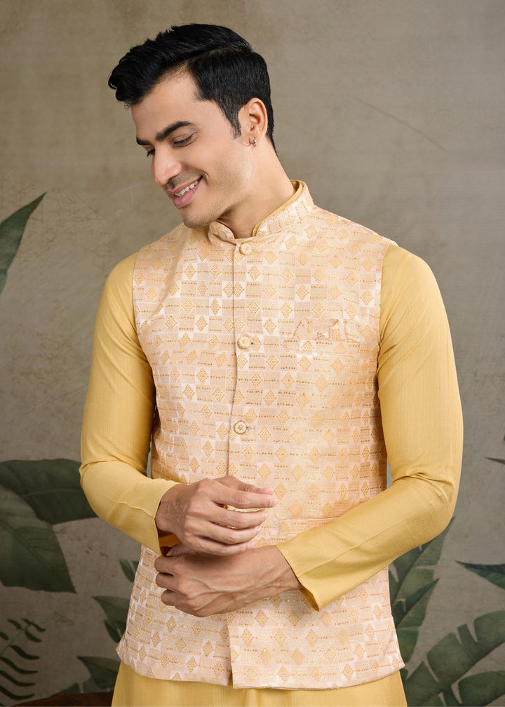 Yellow Mens Wear Koti Style with Kurta and Pajama