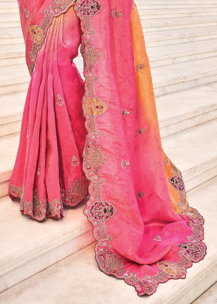 Orange Pink Crepe Silk Saree