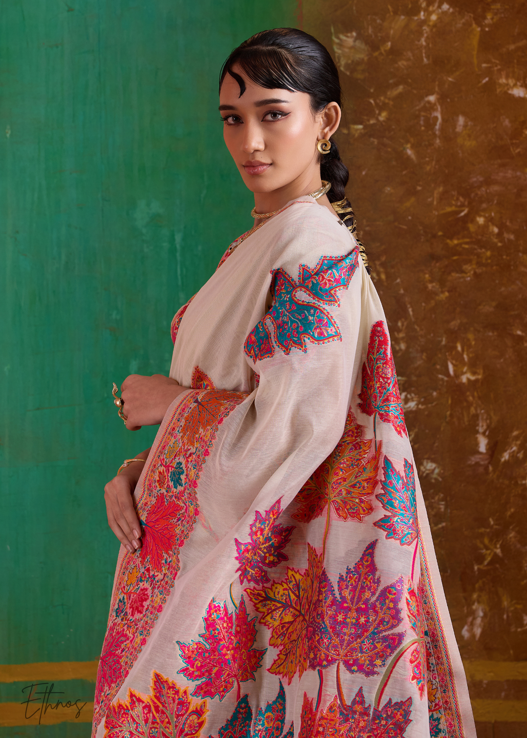 Warm Beige with Multicolour Floral Weave Saree