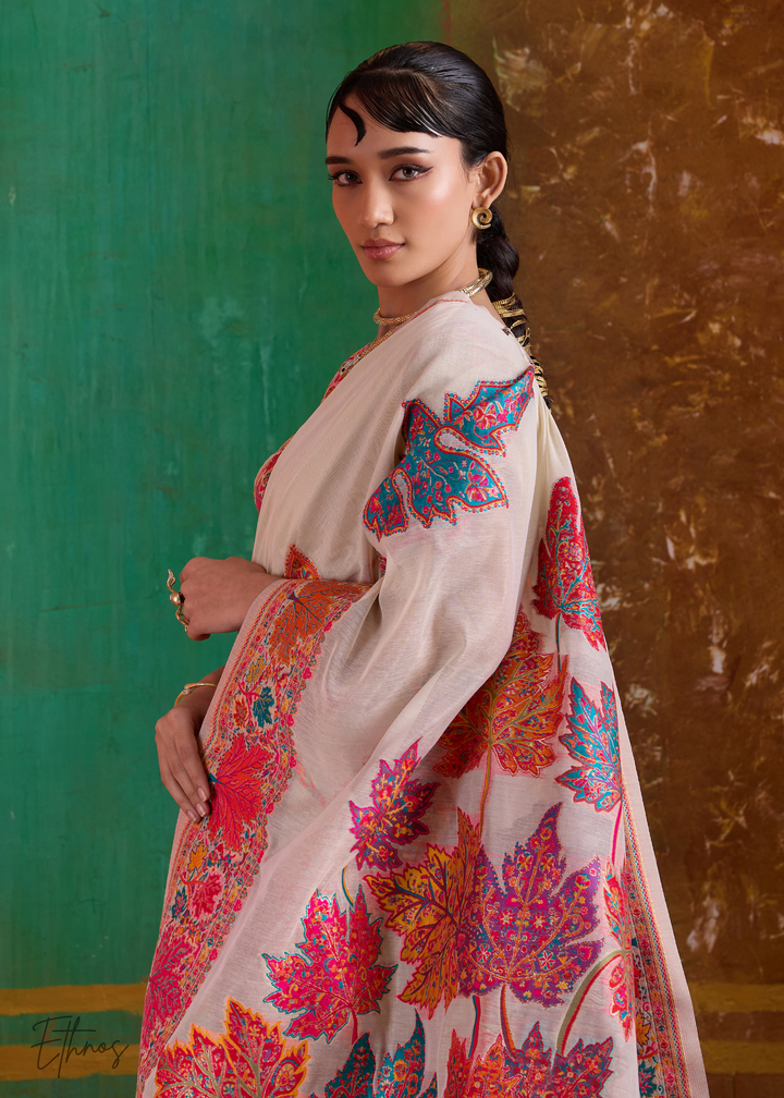 Warm Beige with Multicolour Floral Weave Saree