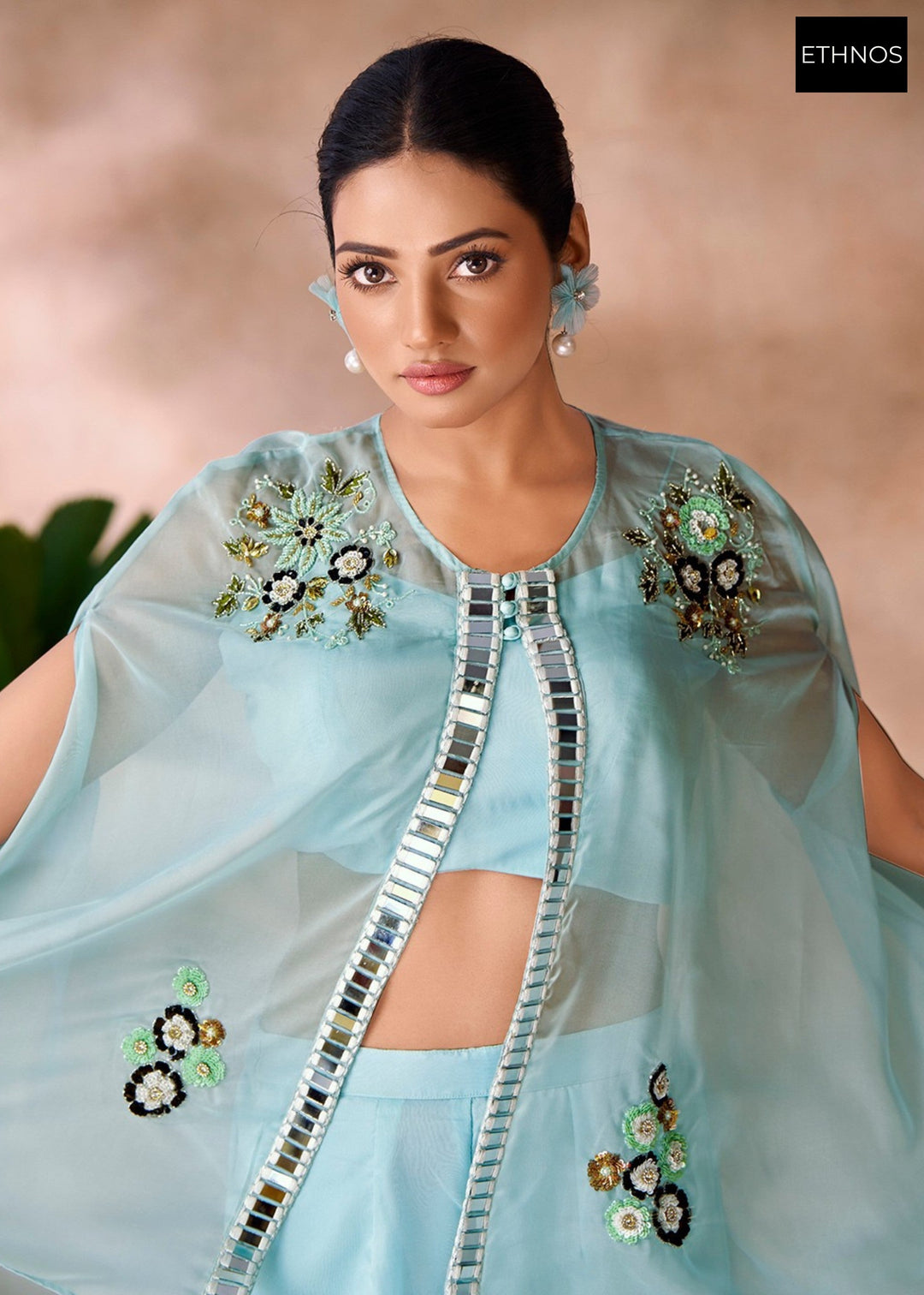 Aqua Blue Organza Handwork Co-ord Set