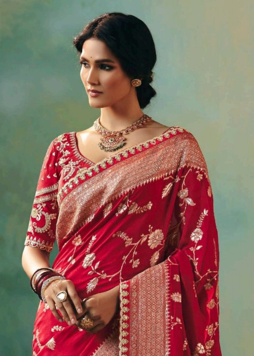 Deep Red Pure Viscose Dola Silk Saree with Zari Weaving & Embroidered Blouse