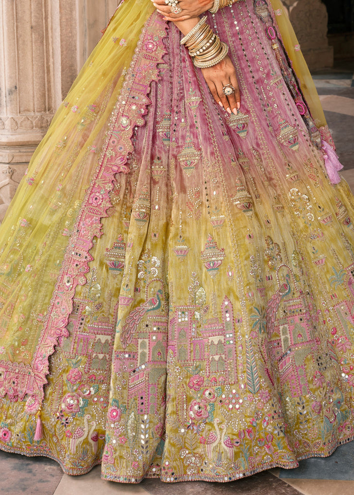 Sunshine Yellow & Pink Fancy Silk Lehenga Choli With Cut Work Embroidery Border & Stone Work