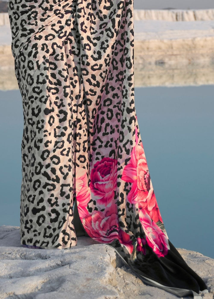 Black and White Leopard Print Crepe Silk Saree