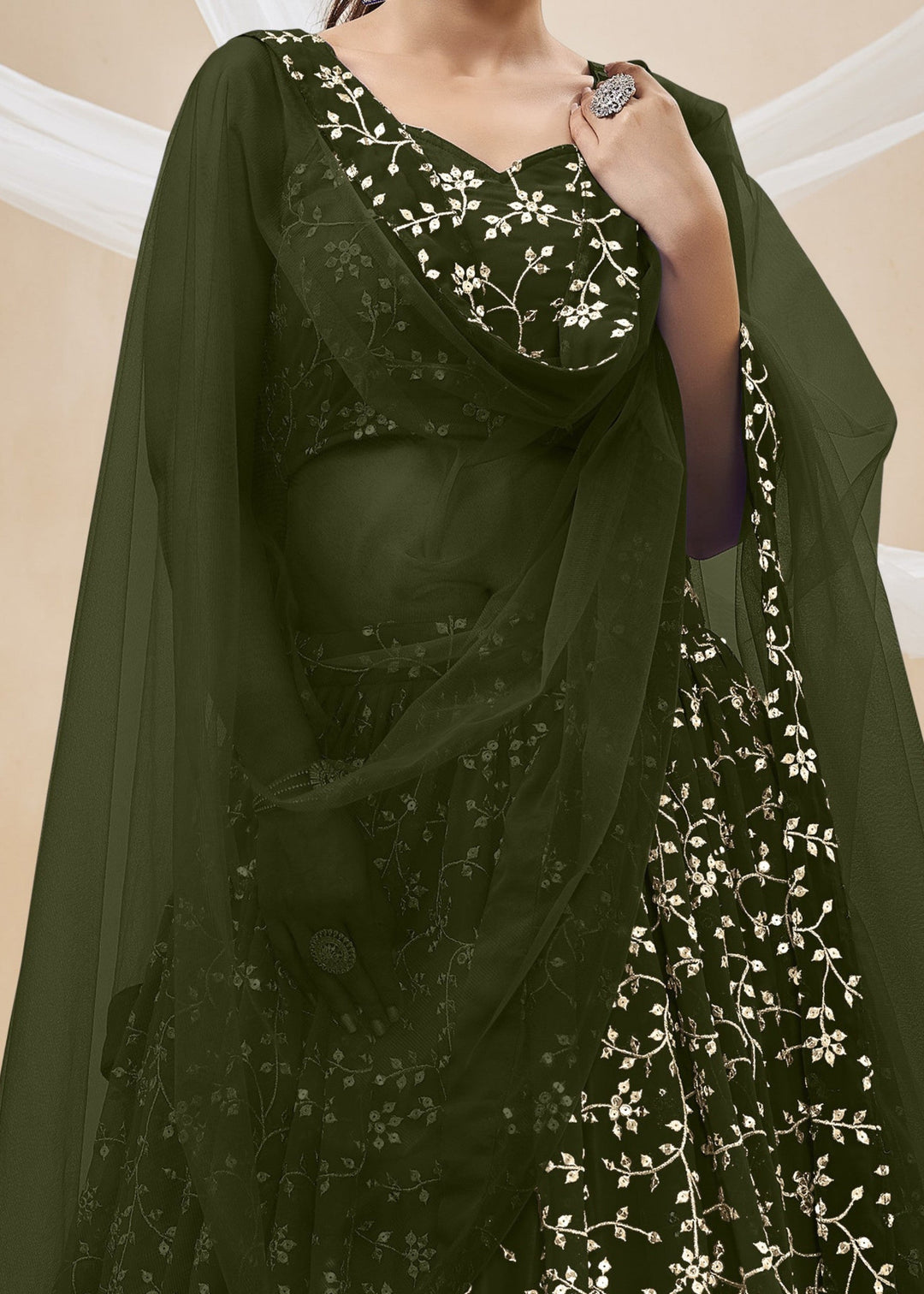 Mehendi Green Georgette Lehenga Choli With Sequins Zari Embroidered Work