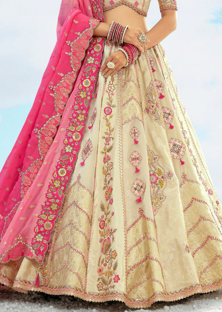 Off-white and Megenta Lehenga With Cut Work Border