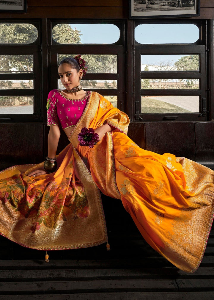 Orange Soft Dola Viscous Silk with 3d Weaved Pallu and contrast blouse Saree