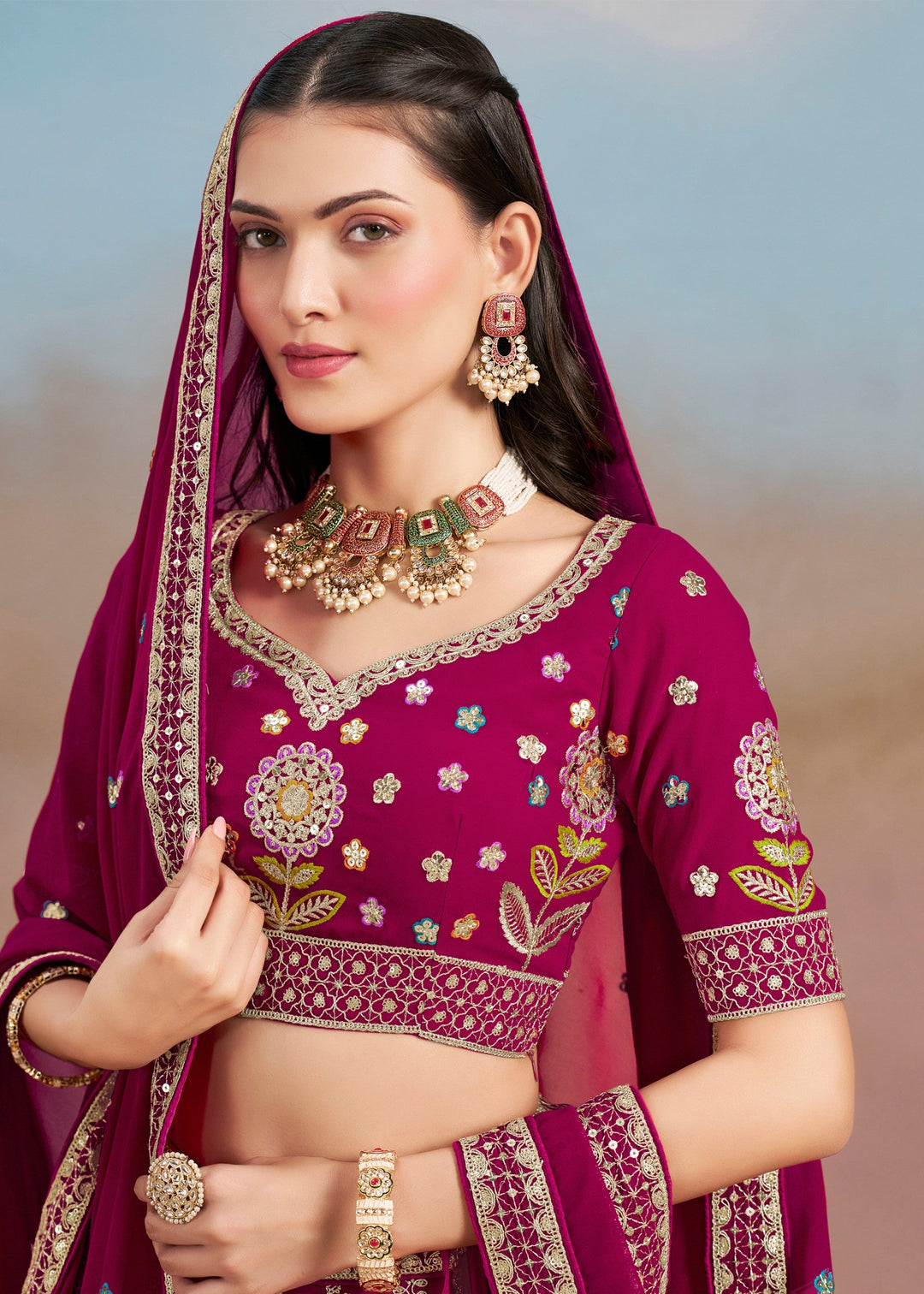 Pink Georgette Lehenga With Dupatta