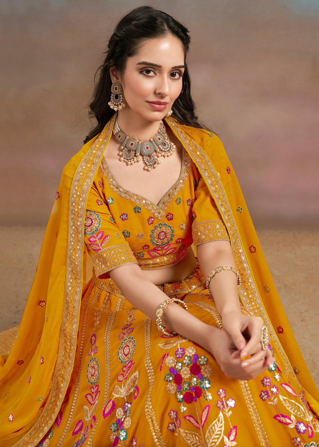 Yellow Georgette Lehenga With Dupatta