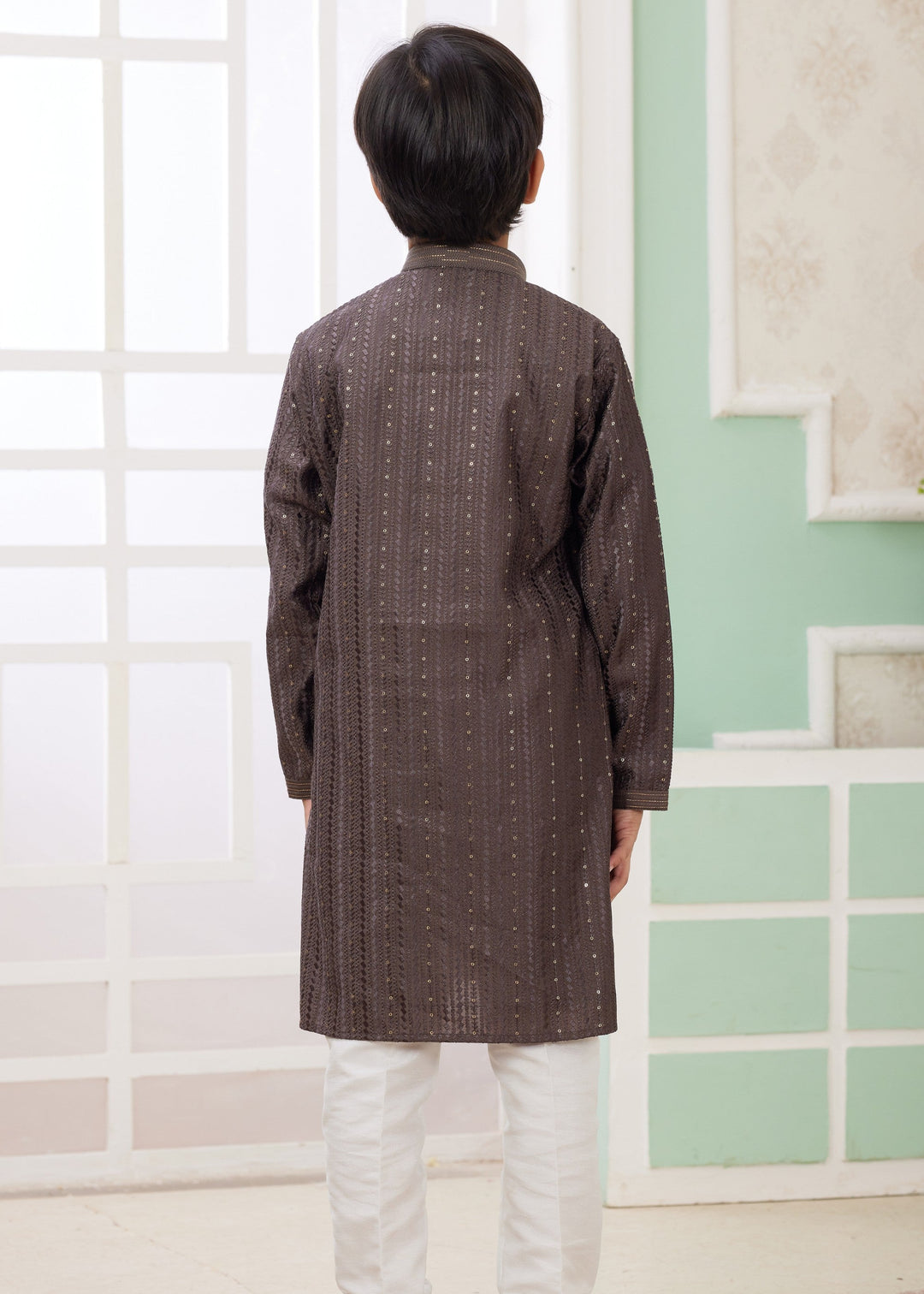 Mocha Brown Silk Mens Kurta Set With Thread Embroidery Work