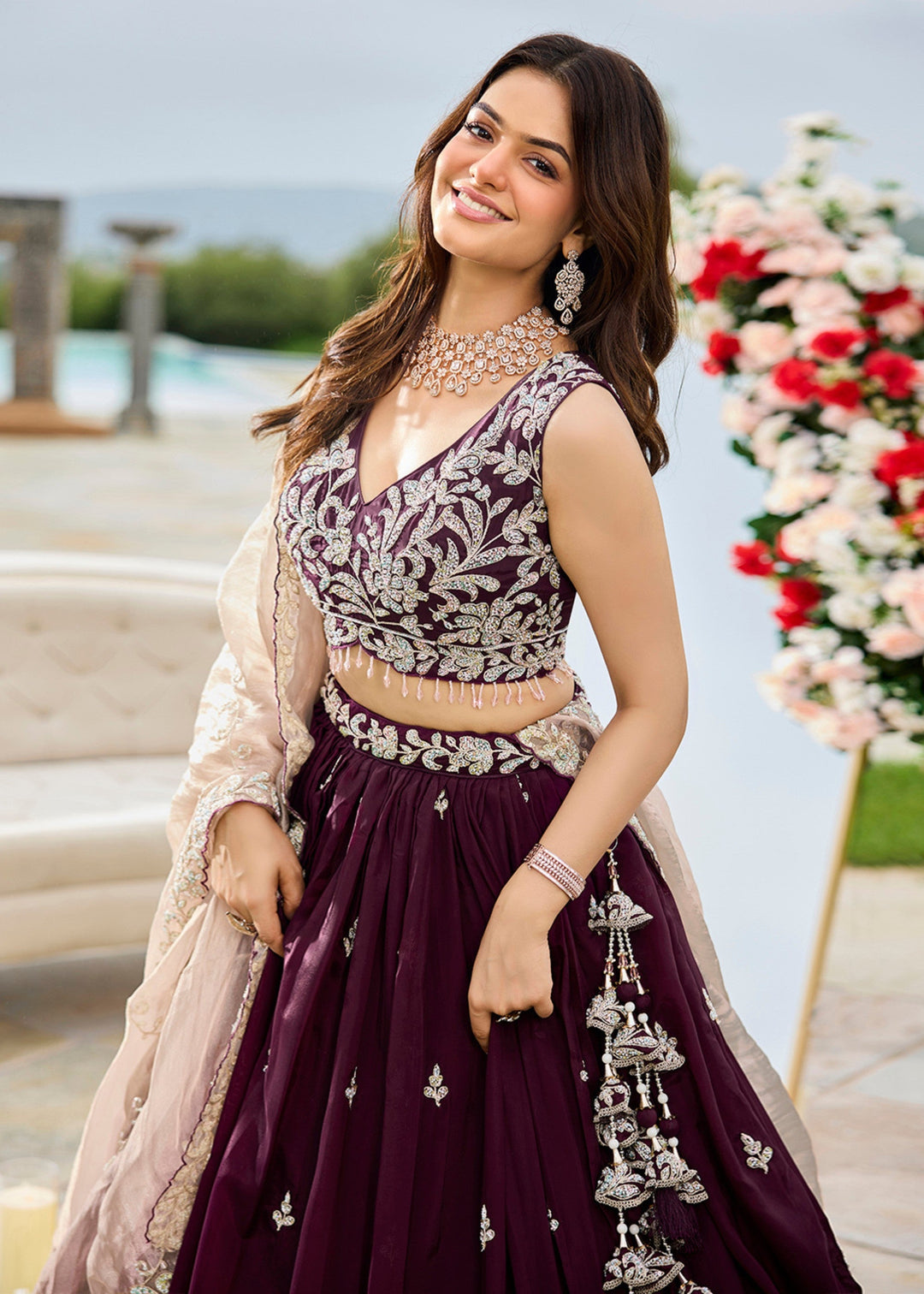 Wine Satin Silk Lehenga Choli