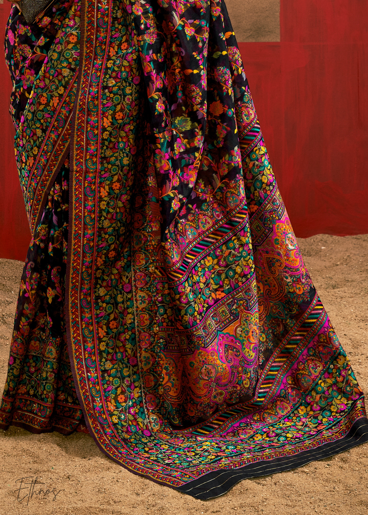 Noir Black with Multicolour Kashmiri Floral Weave Saree